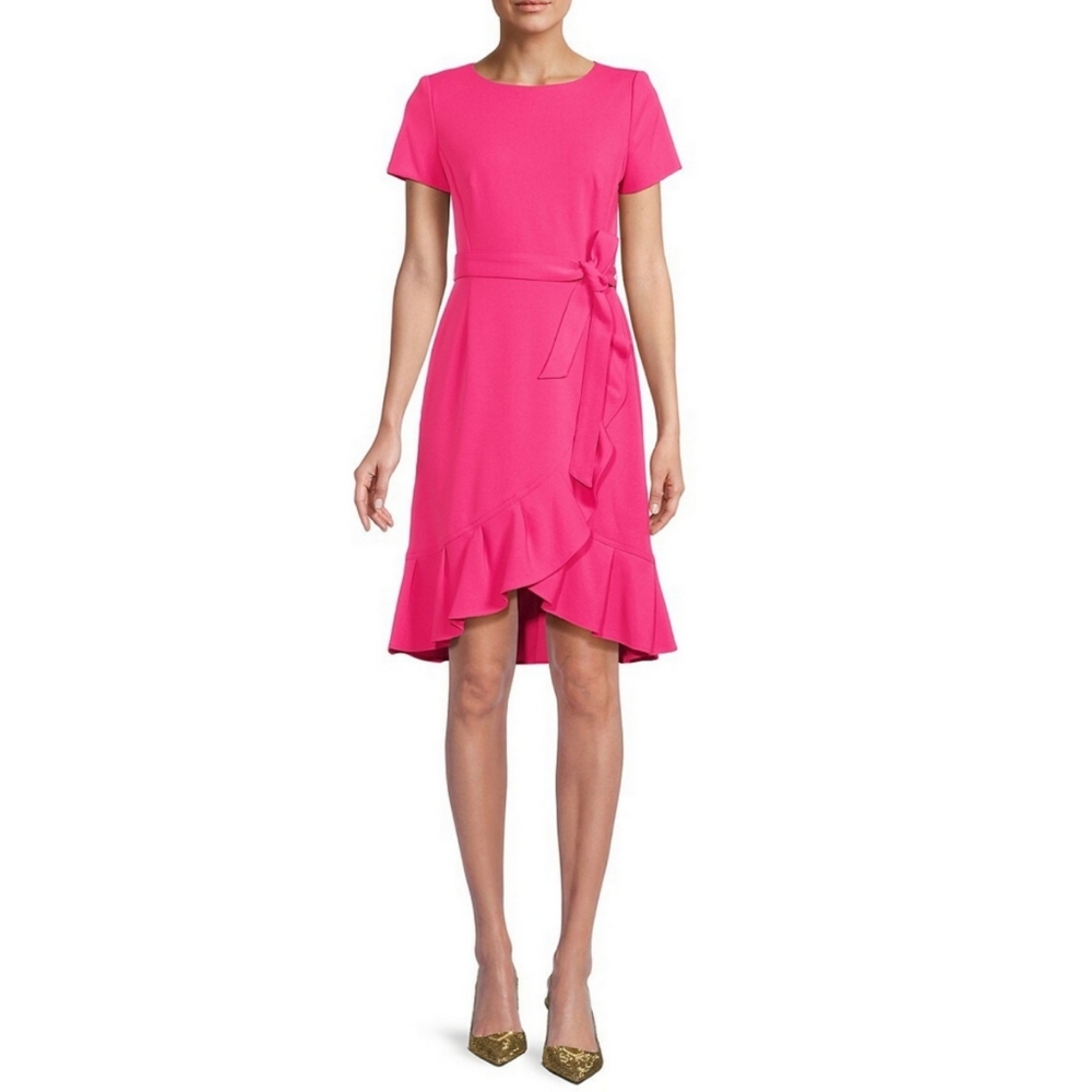 CALVIN KLEIN Ruffle Hem Belted Petite Dress Womens size 0 - Picture 2 of 7